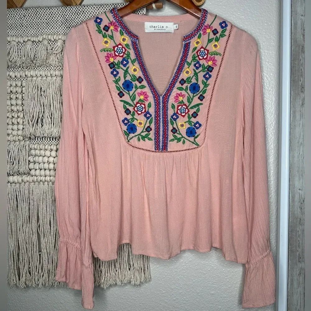Charlie O. Peach Embroidered Bell Sleeve Blouse
